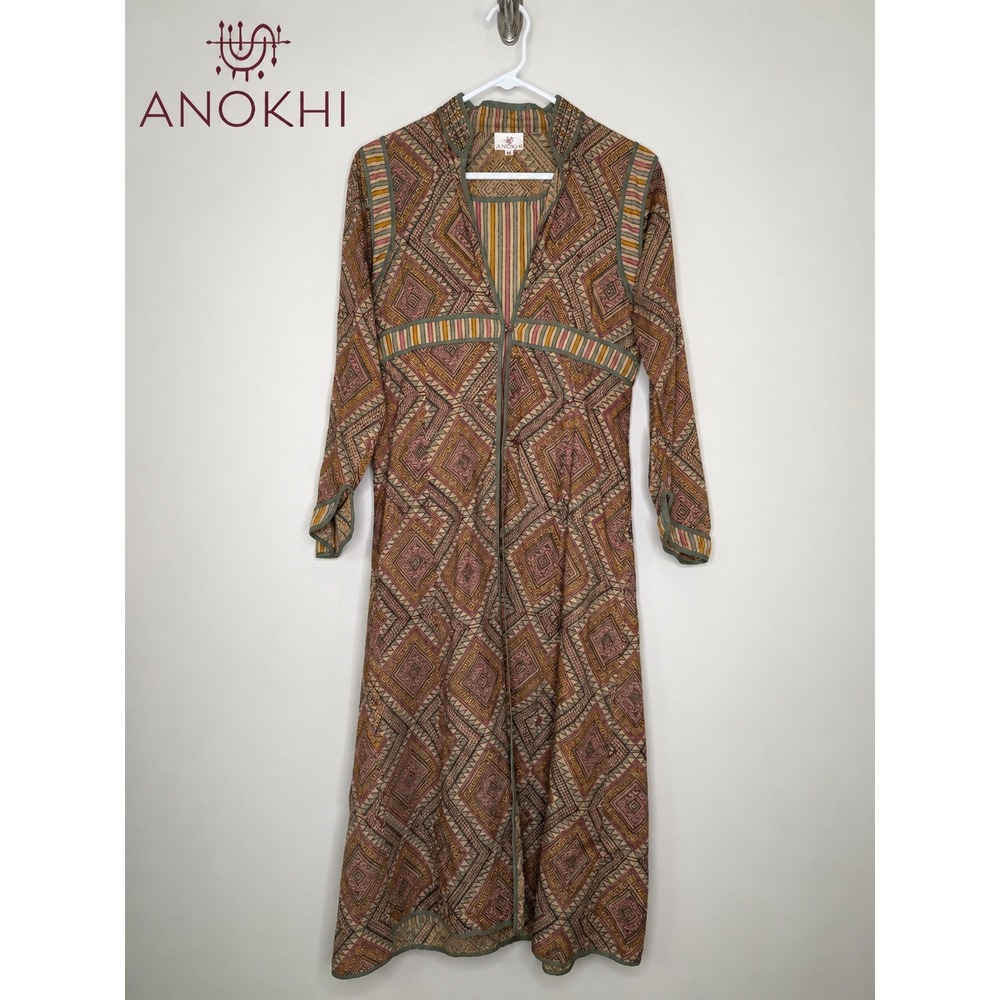 Anokhi India Boho Block Print Maxi Dress Medium Ethnic Artisan Long Sleeve